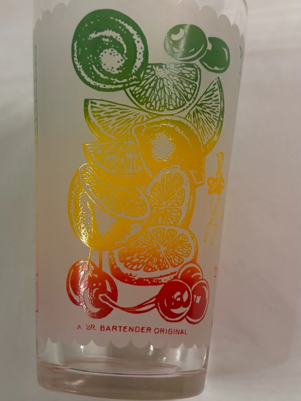 Vintage A Mr. Bartender Original Glass with Cocktail Recipes - Green/Yellow/Red